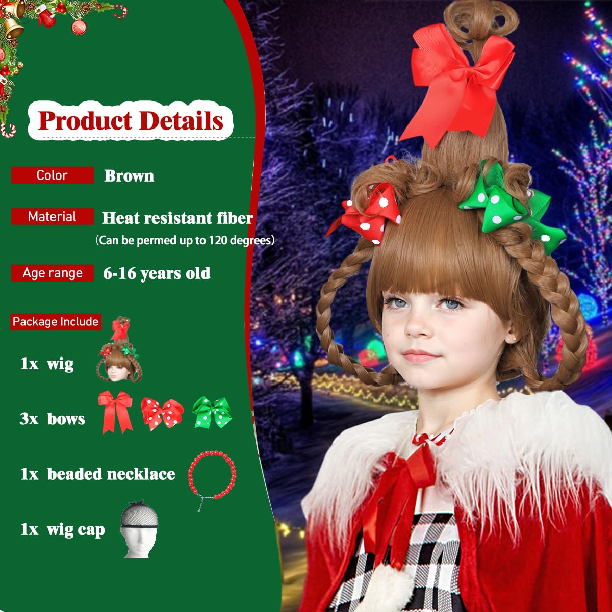 Brown Braided Kids Costume Wig with Red & Green Polka Dot Bows & Beaded Necklace - Perfect for Christmas Parties, Halloween Dress Up, Cosplay & School Plays