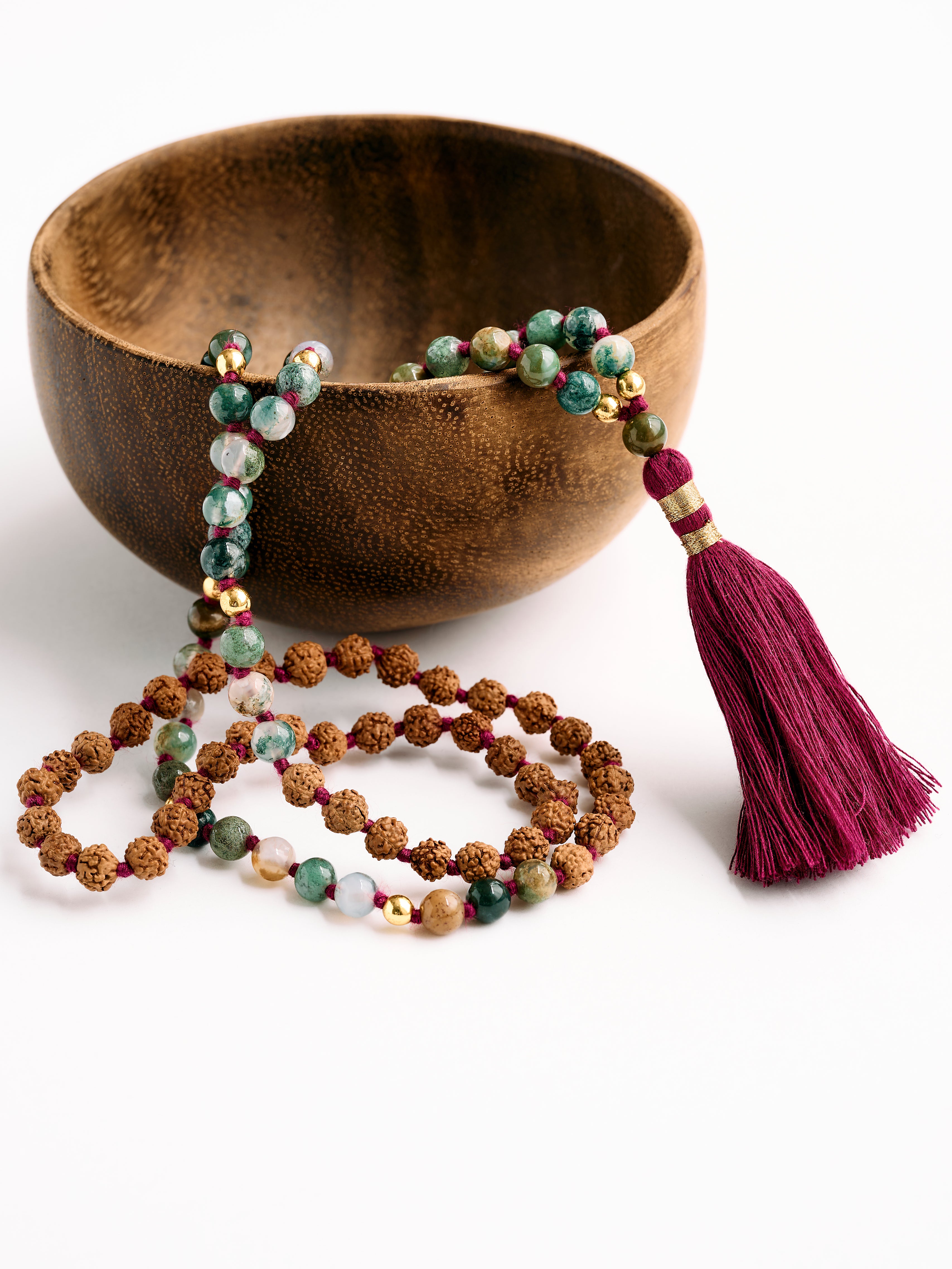 Authentic Mala Bead Necklace with Indian Agate Stones - Meditation, Yoga & Spiritual Jewelry for Mindfulness Practice
