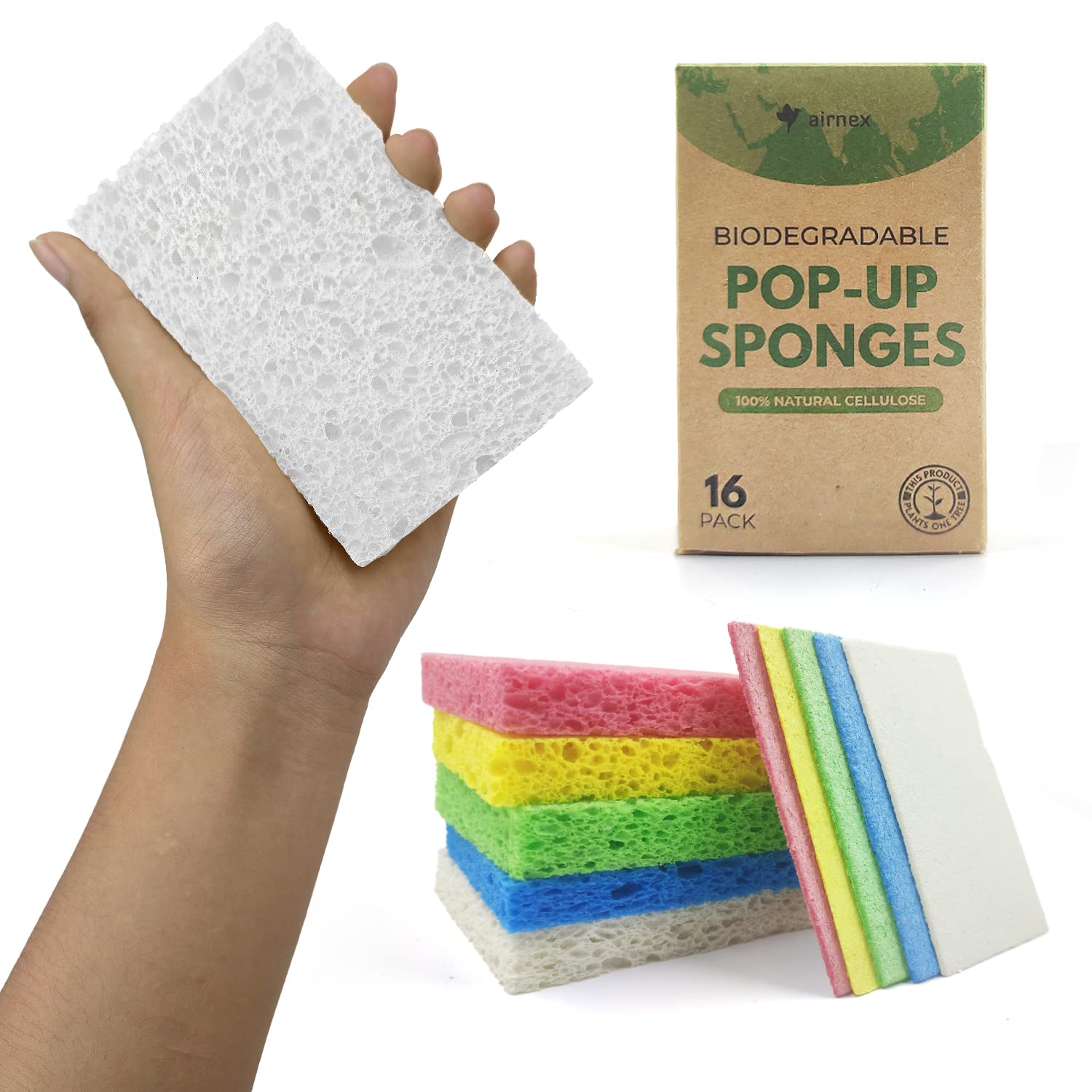 **AIRNEX Biodegradable Cellulose Componges - 16-Pack Heavy Duty Kitchen & Bathroom Cleaning Sponges | Eco-Friendly, Natural & Multipurpose for Dishes, Countertops & Household Surfaces | Perfect for Daily Cleaning & Scrubbing**
