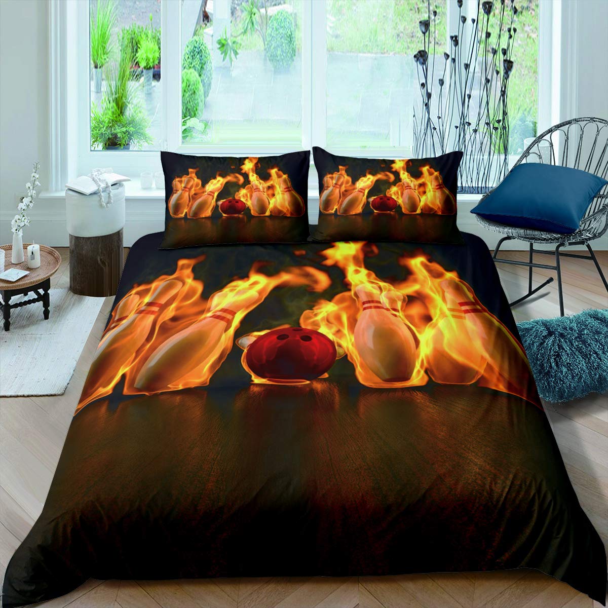 Flame Bowling 3D Pattern Duvet Cover Set - Twin Size White Bowling Comforter Cover for Teens - Ultra Soft Microfiber Bedding (1 Duvet Cover + 1 Pillowcase) - Perfect for Teen Boys & Girls Bedrooms, Game Rooms, and Bowling-Themed Decor