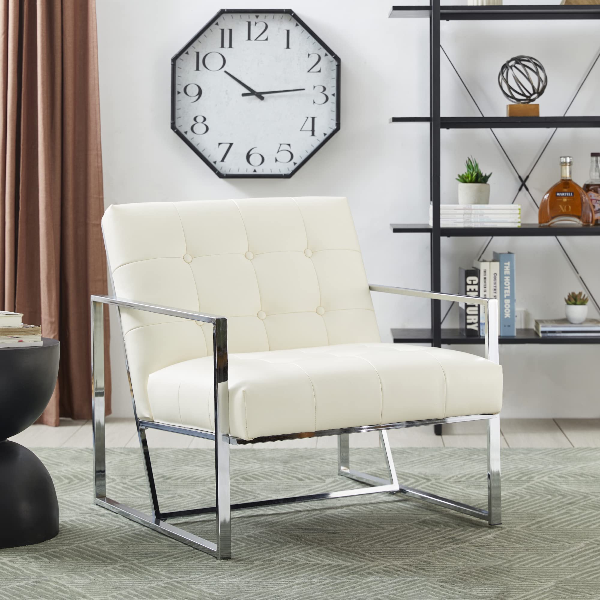 Glitzhome Mid Century Modern Accent Chair - Durable Metal Frame & PU Leather Cushioned Armchair for Living Room, Bedroom, Home Office - Off White | Perfect for Reading Nooks, Lounge Areas & Contemporary Decor