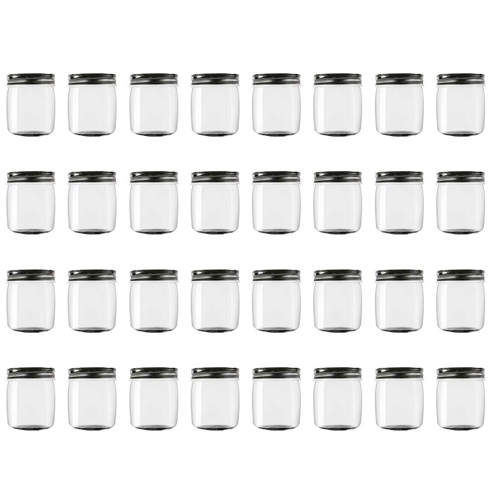 Novelinks 8oz Clear Plastic Jars with Black Lids - 32 Pack BPA Free Refillable Round Storage Containers for Spices, Crafts, Beauty Products & Kitchen Organization