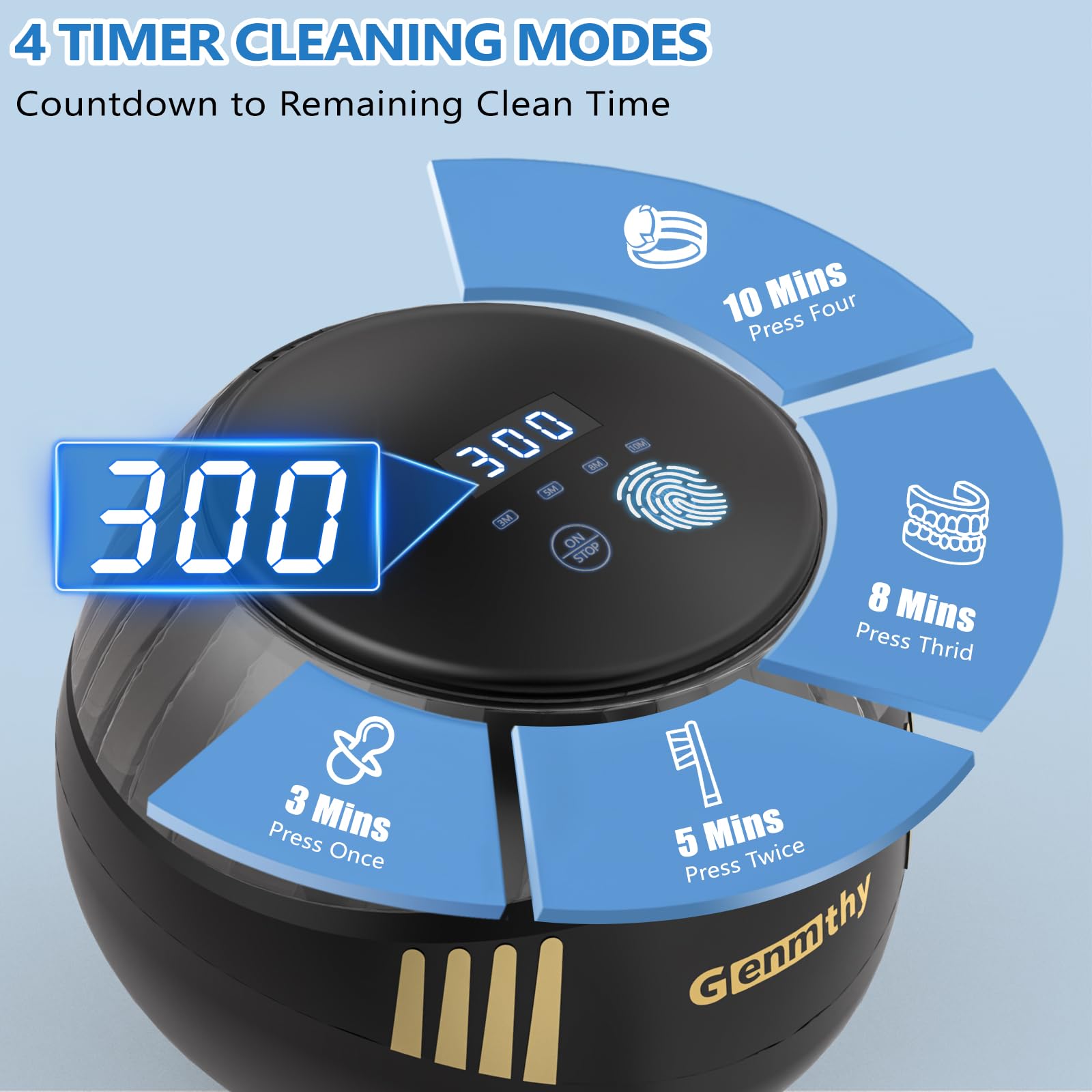 Ultrasonic Jewelry & Denture Cleaner Machine 45Khz with 6 LED Lights, Digital Timer & 4 Time Modes - Portable Retainer, Ring, Necklace, Watch Cleaner for Home, Travel & Dental Care