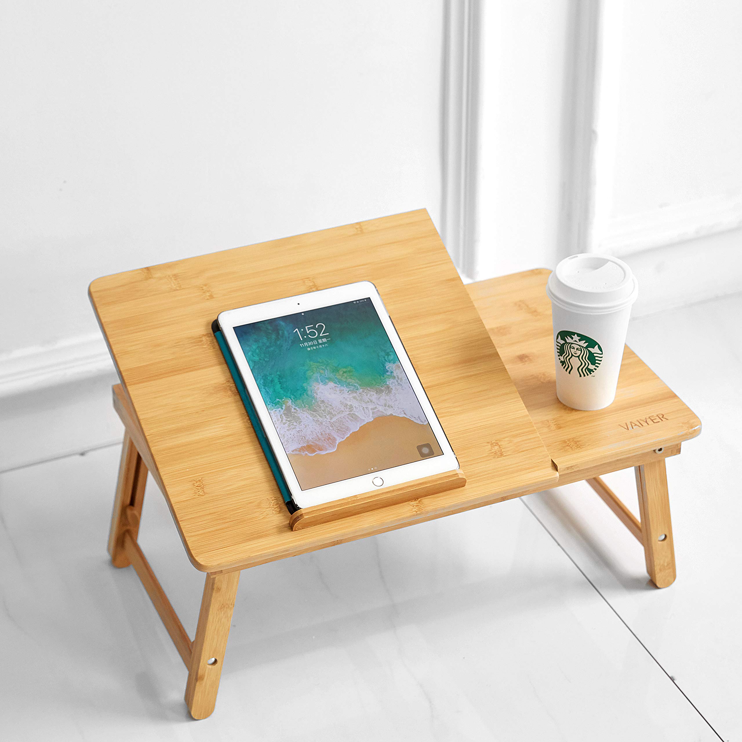 Vaiyer Bamboo Laptop Desk - Foldable Adjustable Bed Tray with Tilting Top & Drawer for Work, Study, Dining | Portable Floor Desk for Home Office, Bedroom, Living Room | Perfect for Remote Work, Breakfast in Bed, and Lap Computing