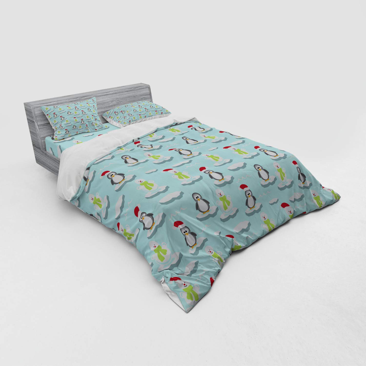 Ambesonne Funny Penguins & Snowmen Duvet Cover Set - Antarctica Cartoon Design with Caps & Scarves - 4 Piece Queen Size Bedding Set with Shams & Fitted Sheet - Perfect for Kids' Rooms, Winter Themed Bedrooms & Cozy Home Decor