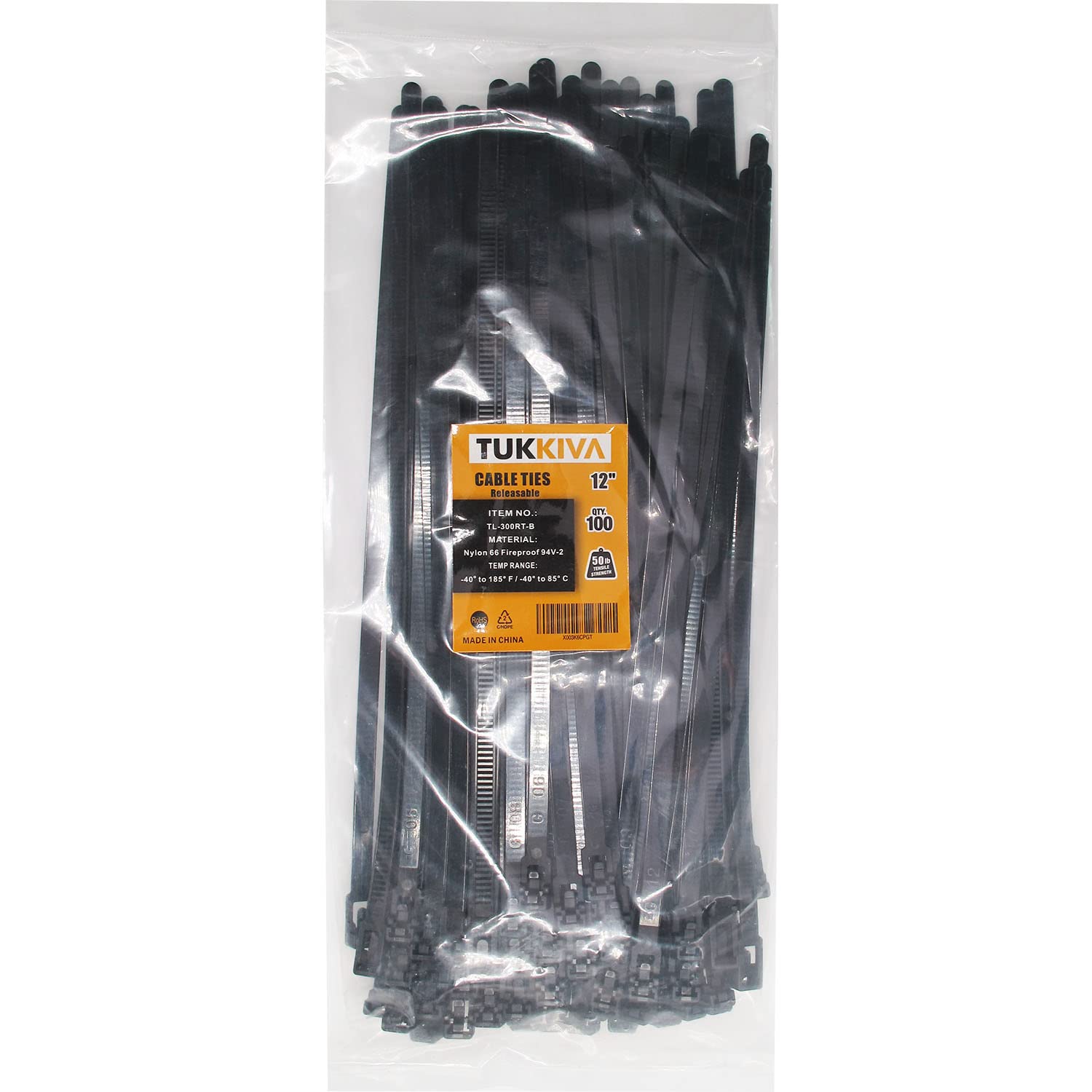 Heavy Duty Black Reusable Zip Ties 12 Inch - 50 Lbs Tensile Strength, Releasable Cable Wire Ties (100 Pack) for Organizing Cords, Wires, and Home/Office Supplies