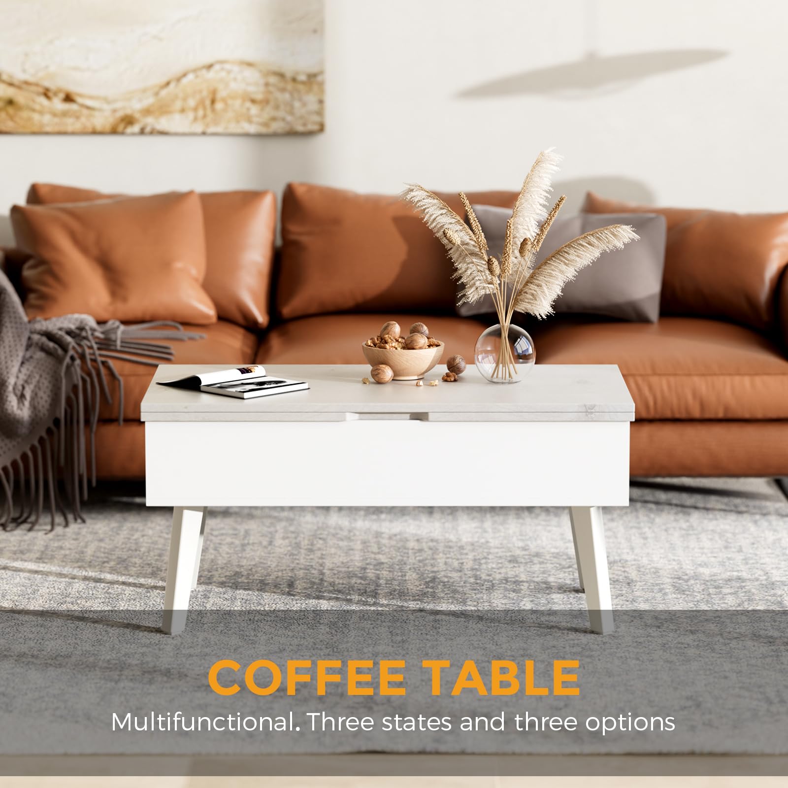 3 in 1 Lift Top Coffee Table - Easy 10-Minute Assembly, Convertible Multifunctional Table to Dining Table & Work Desk with Storage, Modern Gray - Perfect for Small Spaces, Living Rooms & Home Offices