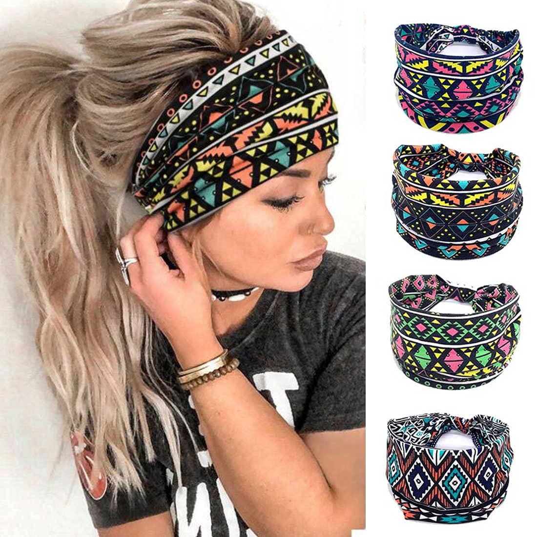 Boho Wide Turban Headbands for Women - 3 Pack Floral Print Yoga Head Wraps with Red Knot Elastics - Perfect for Workouts, Running, and Fashion Accessories (Floral 7)