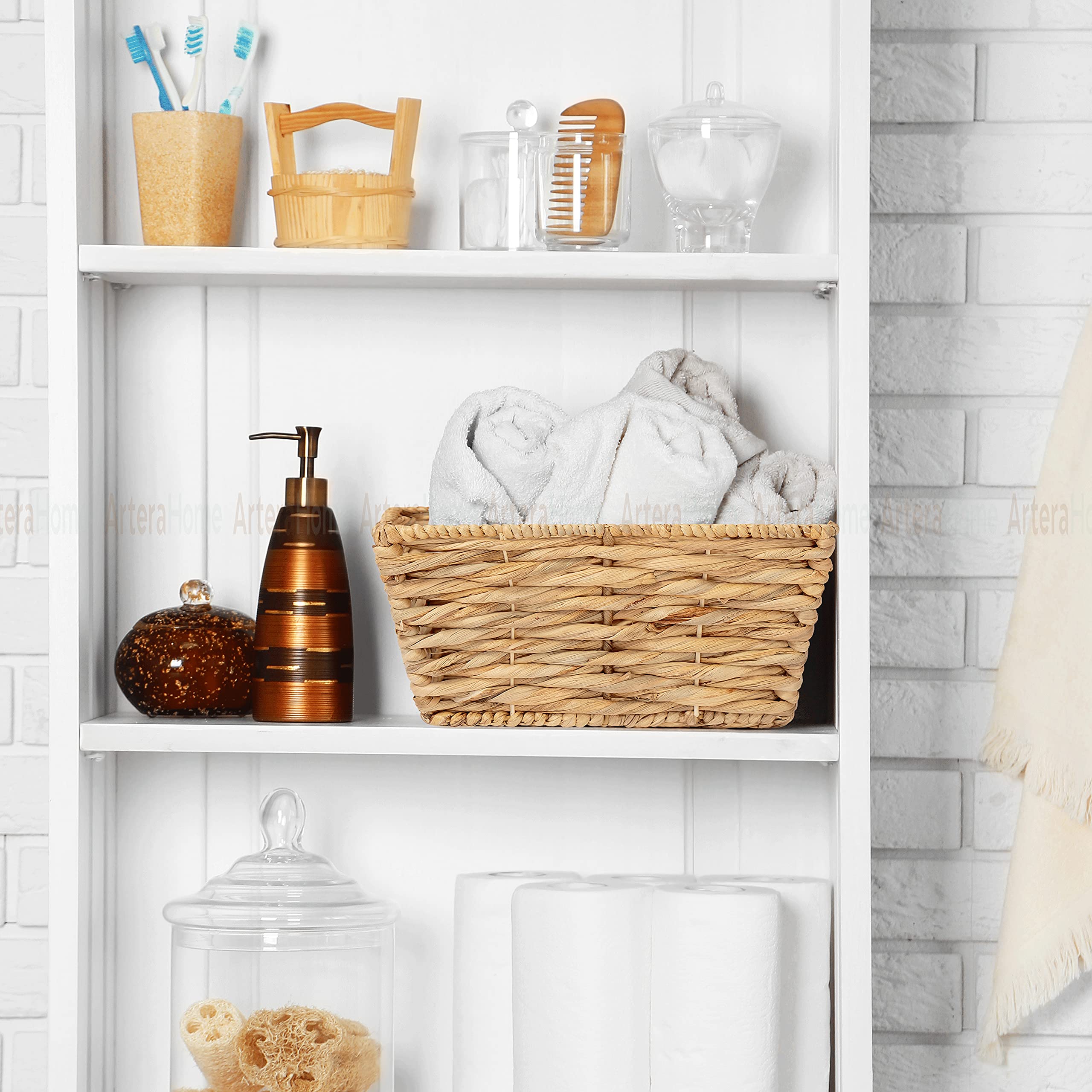 Artera Wicker Storage Baskets - 4-Pack Natural Woven Hyacinth Organizer Bins with Handles, Stackable for Laundry, Bathroom, Pantry & Closet (12x9x6 Inches) | Perfect for Home Organization & Shelf Storage