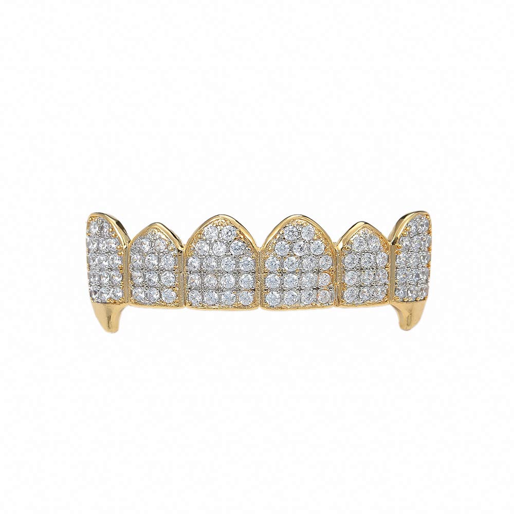 14K Gold Plated Grillz for Men & Women - Iced Out CZ Vampire Teeth Grill Set with Top & Bottom Grills & Extra Molding Bars | Hip Hop Jewelry, Rap Accessories, Party Wear, Halloween Costume