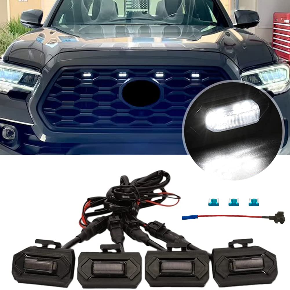 4PCS LED Light Bar with Fuse for 2020-2021 Toyota Tacoma TRD Off Road & Sport OEM Grille - Black Housing White Light | DRL Daytime Running Lights & Off-Road Lighting Accessories