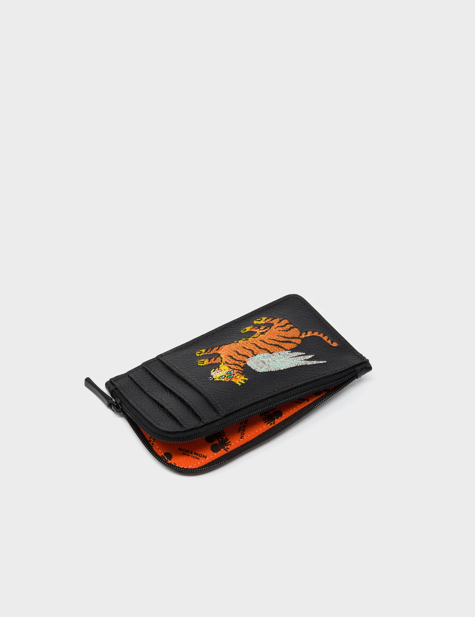 Fausto Black Leather Zip Around Cardholder with Flying Tiger Embroidery - Slim RFID Blocking Wallet for Men - Perfect for Travel, Business & Everyday Use