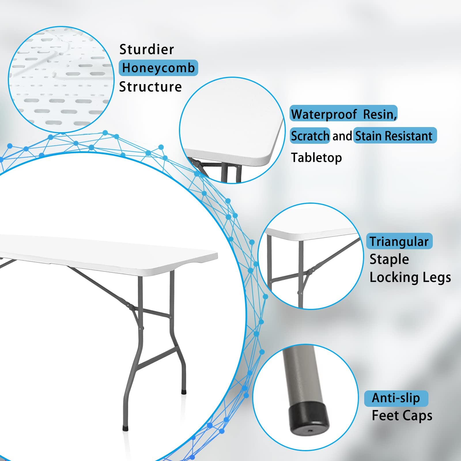 6 FT Plastic Folding Table - Portable Lightweight Granite White Table for Dining, Parties, Picnics & Camping | Indoor & Outdoor Use for Home, Office & Events