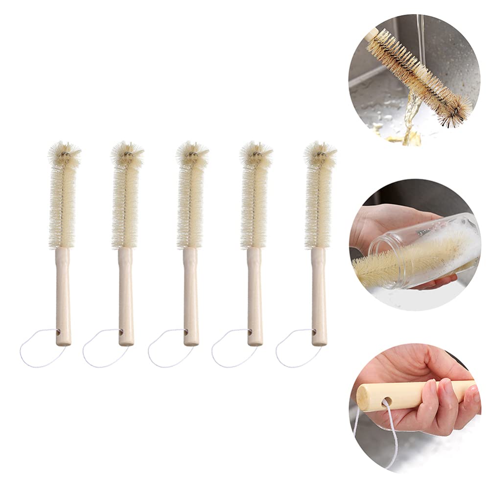 Hemoton 5-Piece Wooden Handle Cleaning Brush Set - Water Bottle Brush, Milk Bottle Cleaner, Tube Brush for Kitchen, Baby Bottles & Travel Mugs - Natural Beech Wood Handle for Safe & Effective Cleaning