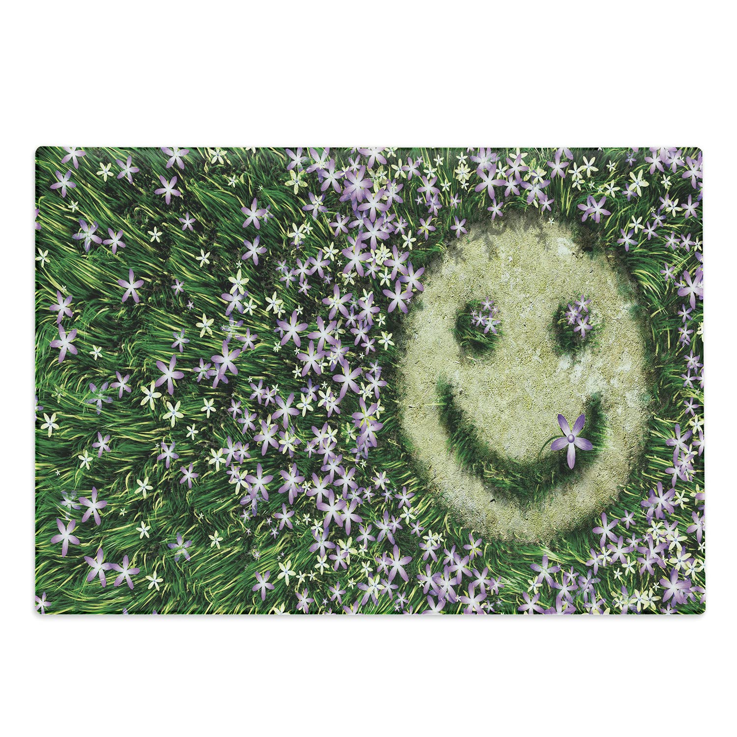 Ambesonne Decorative Tempered Glass Cutting Board - Happy Smiling Emoticon with Spring Flowers Meadow Print, Large Size (Lavender Green) - Perfect for Kitchen Prep, Charcuterie Serving & Home Decor