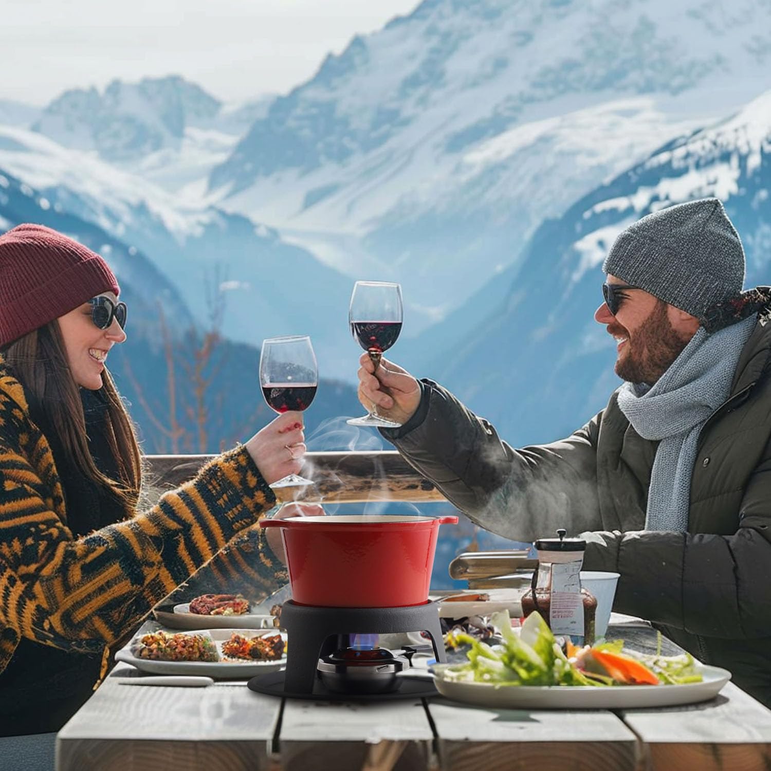 **Artestia 11-Piece Cast Iron Cheese Fondue Set with 6 Forks - Swiss Style Chocolate & Cheese Fondue Pot for Camping, Parties & Outdoor Dining (Red) - Perfect for Family Gatherings, Romantic Dinners & Holiday Entertaining**