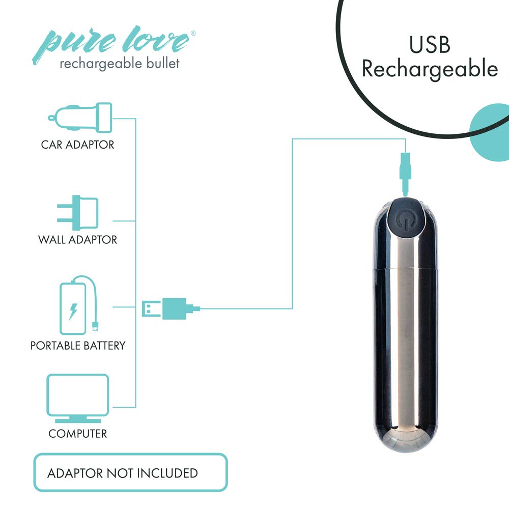Pure Love Rechargeable Waterproof Bullet Vibrator - 3 Inch Smoky Silver Adult Sex Toy for Women - Perfect for Solo Play & Couples Intimacy