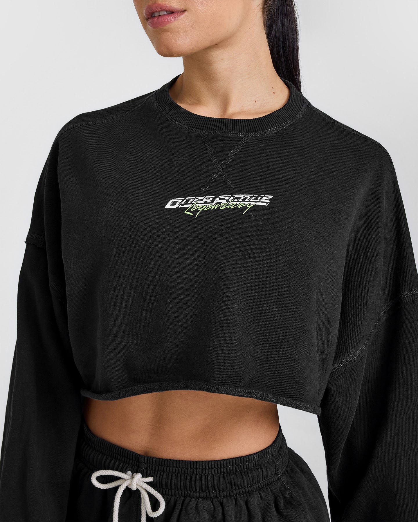 Raw Lounge Crop Sweatshirt with Graphic Print | Washed Black | Casual Streetwear for Women | Perfect for Everyday Wear & Weekend Outings