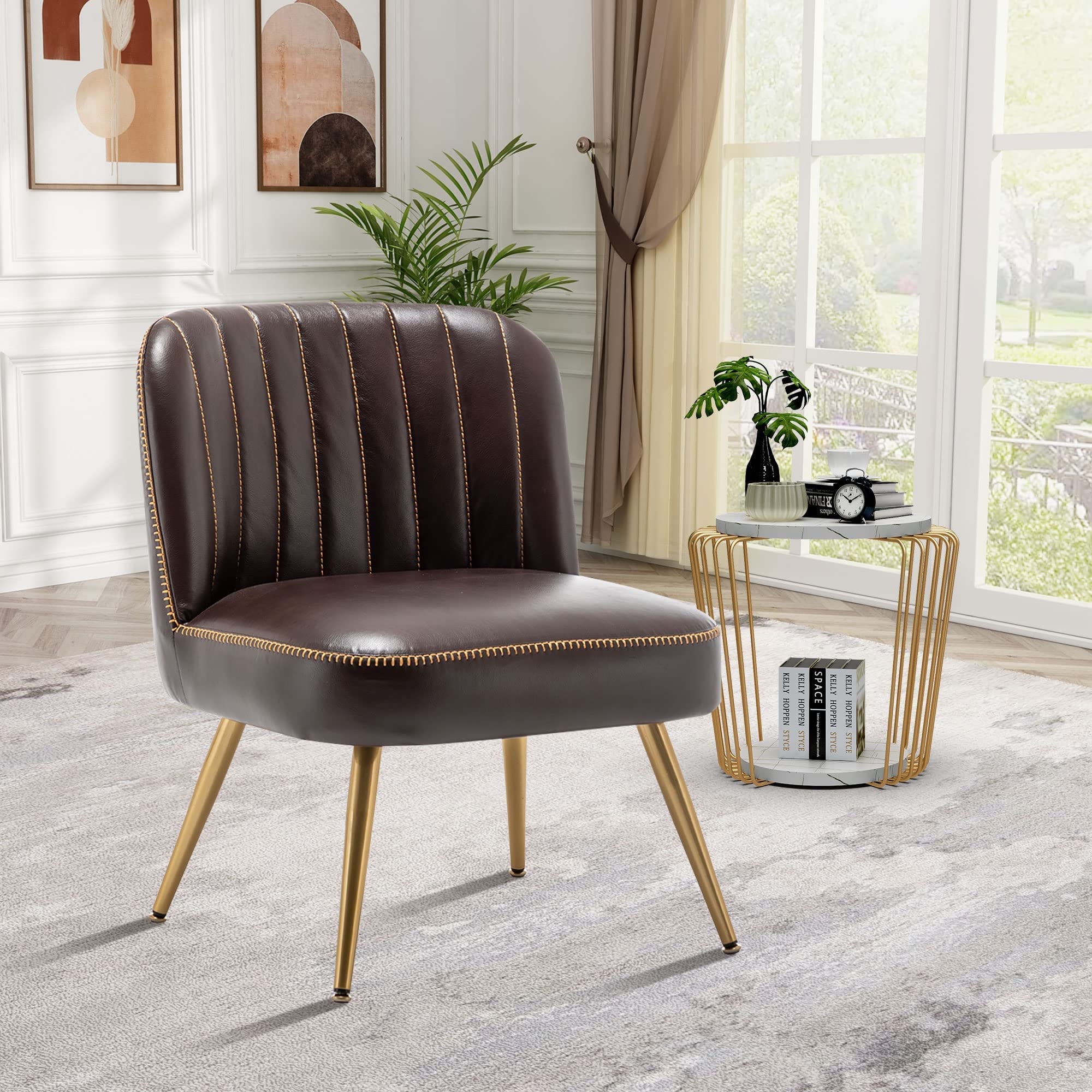 Modern Accent Chair - Faux Leather Upholstered Living Room Chair with Metal Legs, Large Seat - Brown (Set of 1) | Stylish Home Decor for Living Room, Office or Reading Nook