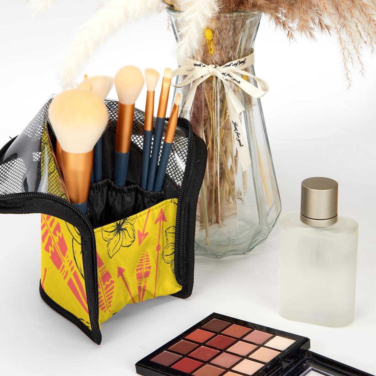 12-Piece Makeup Brush Organizer Bag with Hawaiian Flower Design - Portable Travel Cosmetic Brush Holder Case for Professional & Home Use