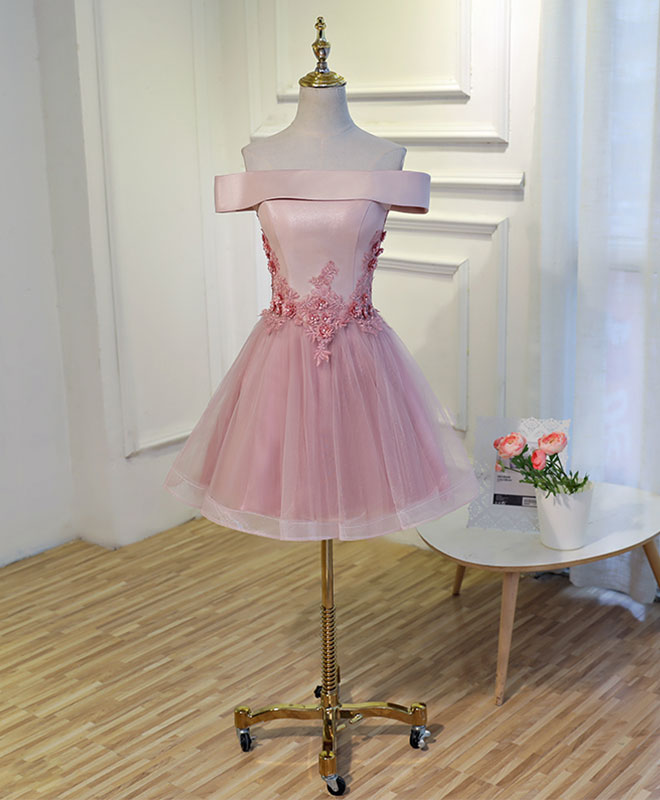 Elegant Pink A-Line Off-Shoulder Knee-Length Prom Dress with Lace Details - Perfect for Homecoming, Prom Night, and Formal Occasions