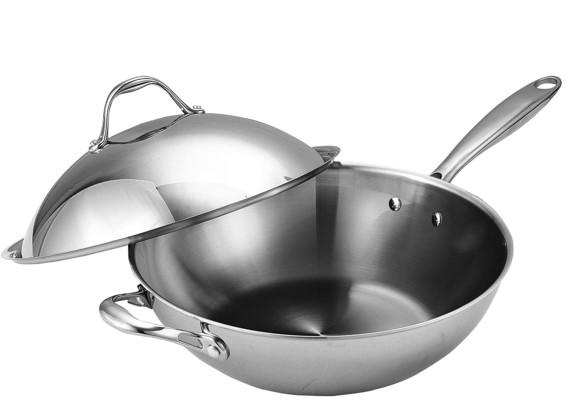 Premium Cooks Standard 13-Inch Stainless Steel Multi-Ply Clad Wok with High Dome Lid - Silver Professional Stir Fry Pan for Asian Cooking, Home Chef & Restaurant Use