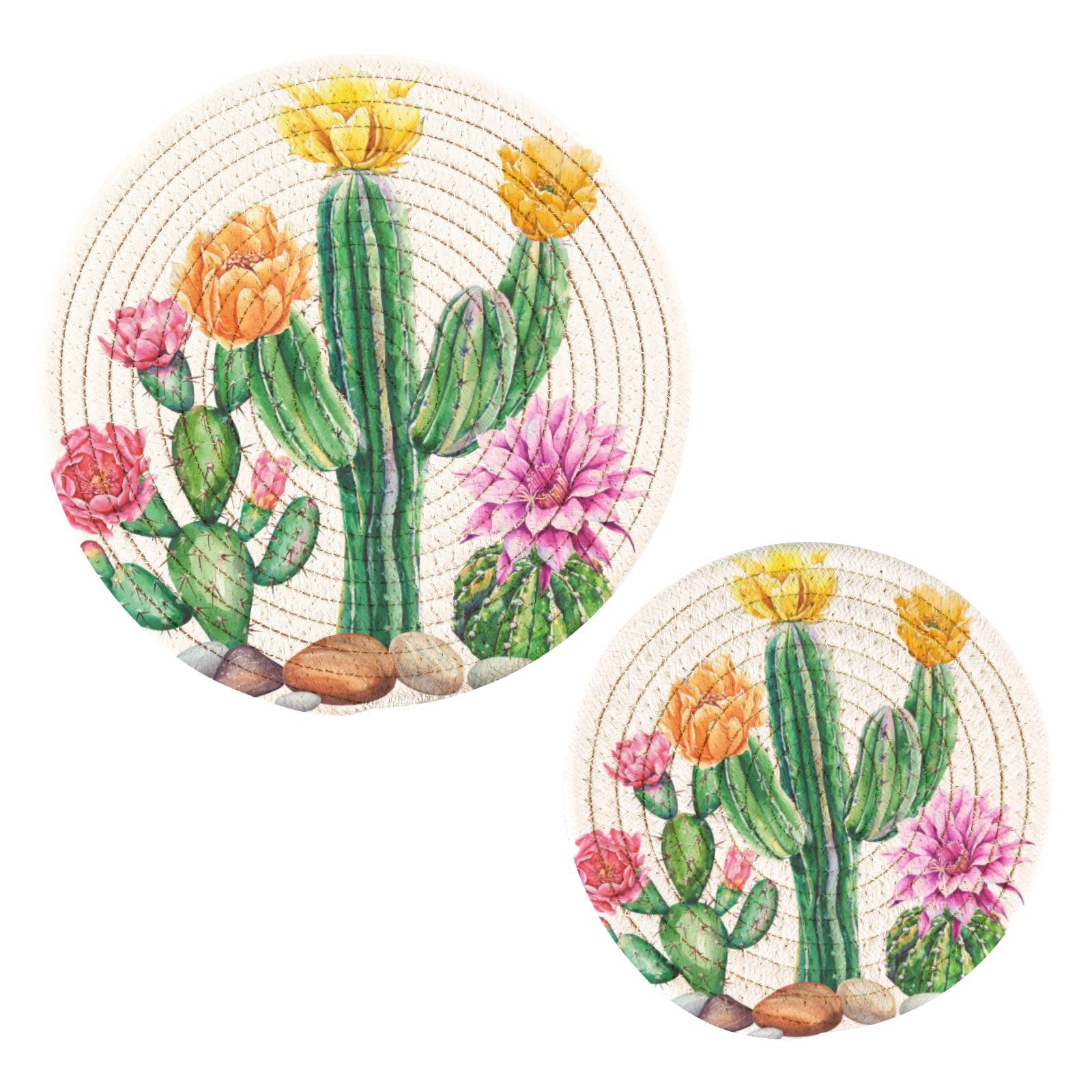 Waterproof Cactus Garden Pot Holders Set of 2 - Heat Resistant Trivets for Hot Dishes & Pans - Summer Plant Cotton Weave Hot Pads for Kitchen Decor - Perfect for Dining Tables, Countertops & Outdoor Picnics
