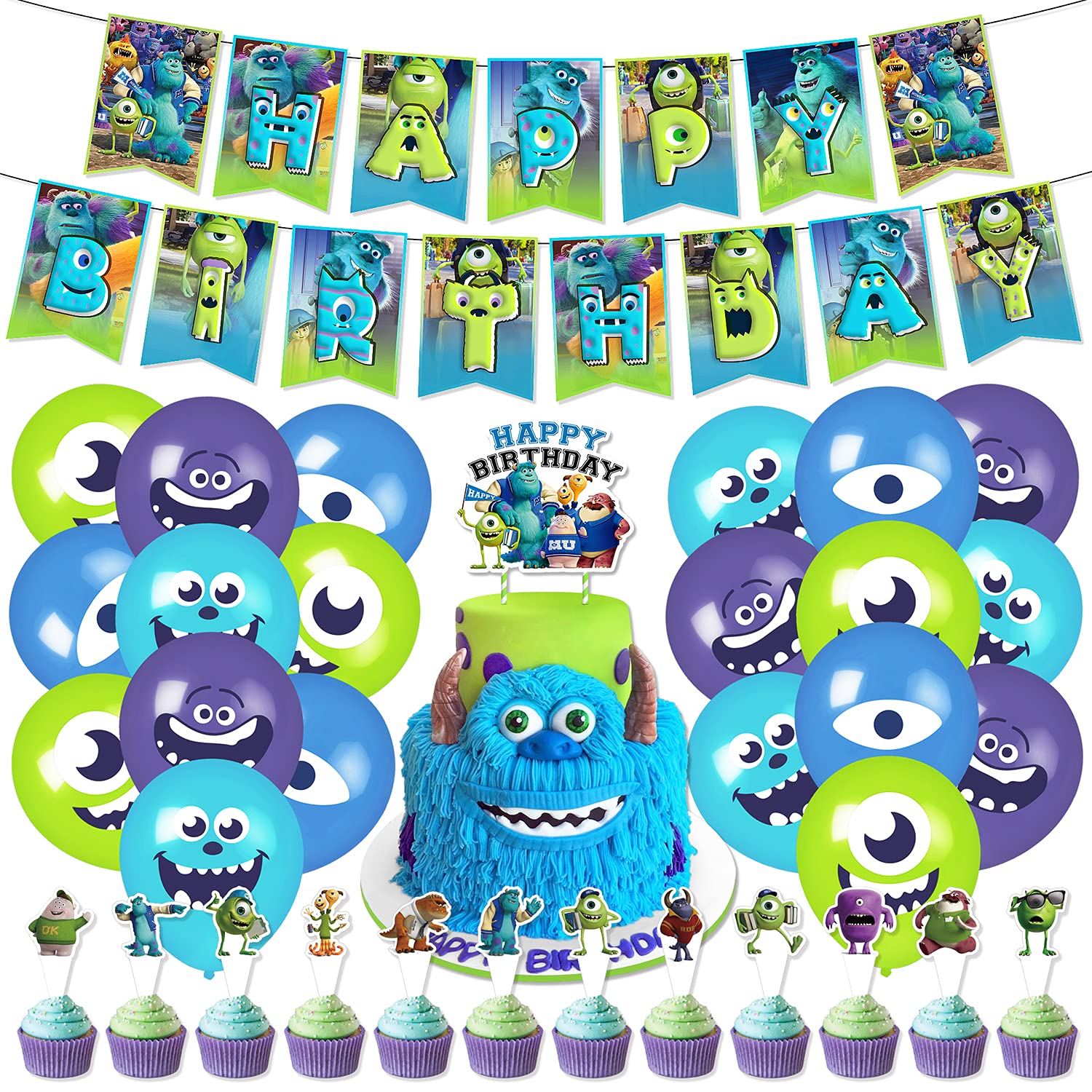 Monsters University Party Decorations Set - 1 Cartoon Banner, 20 Balloons & 25 Cake Toppers for Birthday & Themed Events - Perfect for Kids' Parties, School Celebrations & Movie Nights