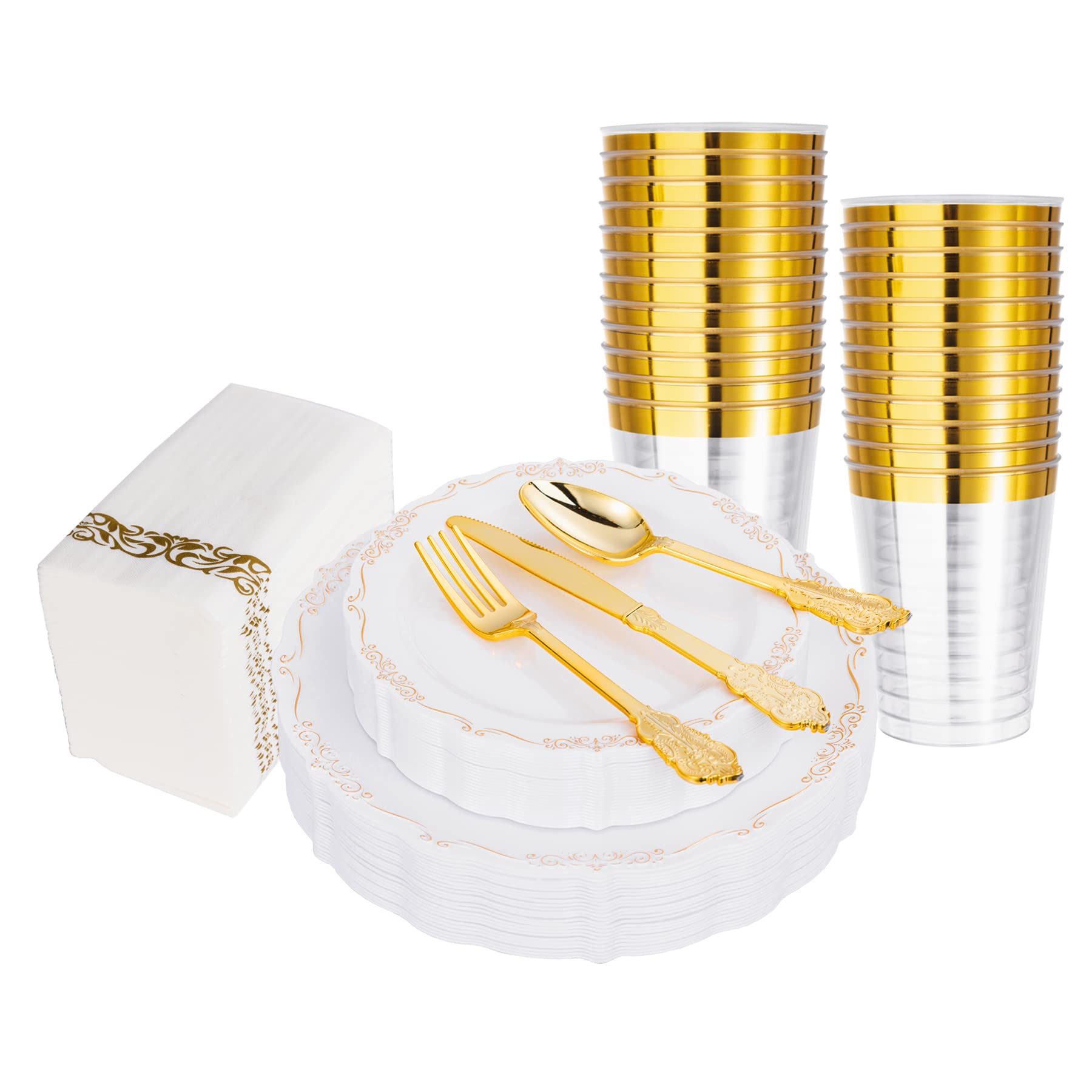 175-Piece Gold Plastic Dinnerware Set for 25 Guests - Includes 25 Dinner Plates, Dessert Plates, Paper Napkins, Cups & Gold Silverware Sets | Elegant Party & Wedding Tableware for Banquets, Bridal Showers & Special Events
