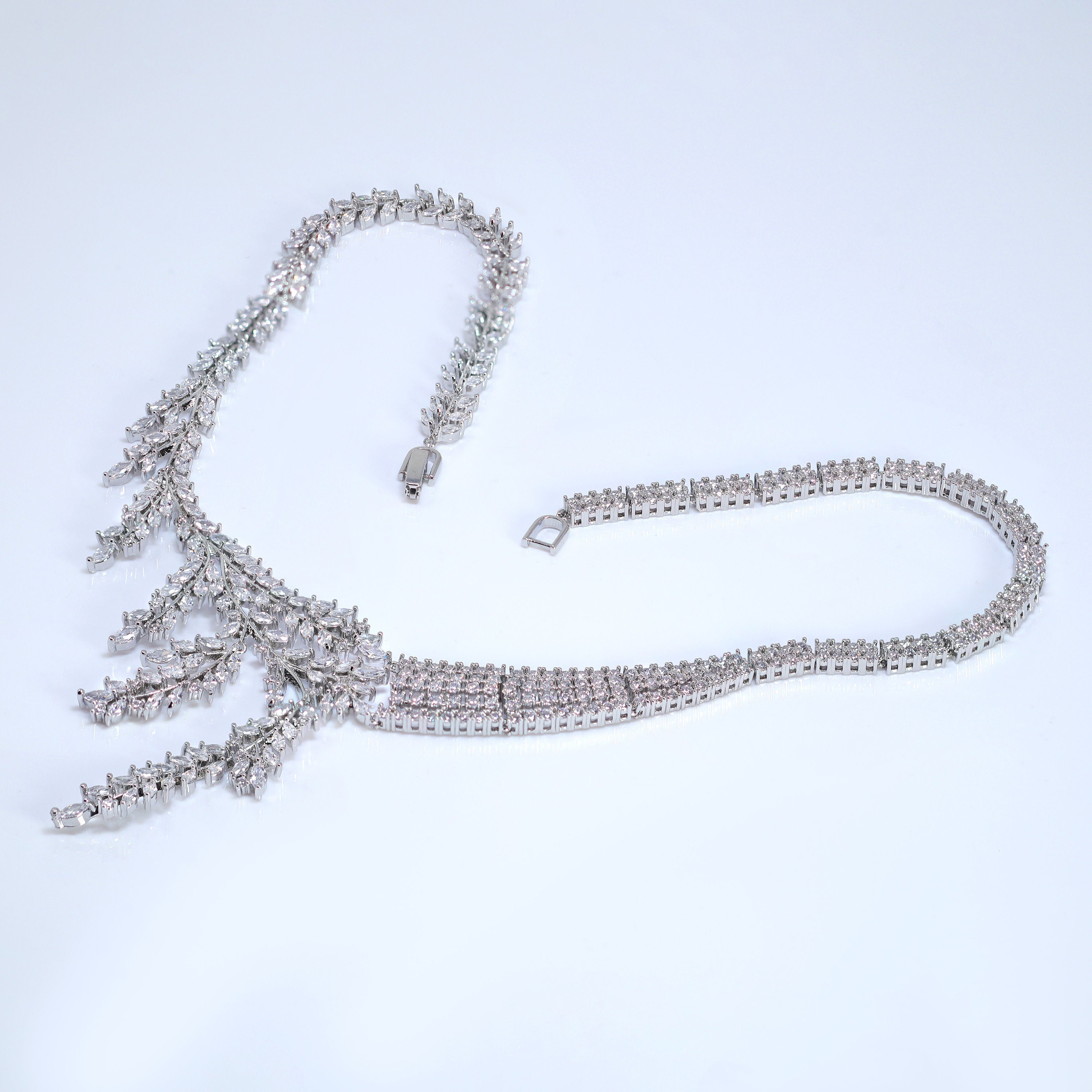 Swarovski Crystal Fallen Leaves Asymmetrical Necklace Set with Matching Earrings - Elegant Bridal Jewelry for Weddings, Parties & Special Occasions