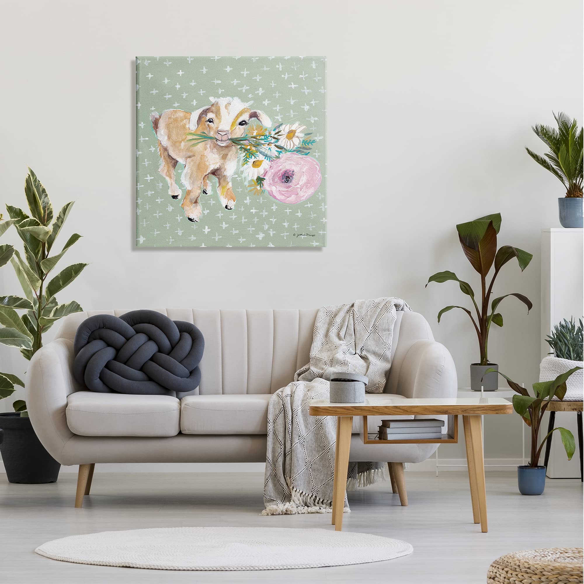 Stupell Industries Attentive Buckling Goat Offering Flowers Framed Wall Art - Whimsical Farmhouse Decor by Jessica Mingo - Perfect for Nursery, Living Room or Country Style Home Decor
