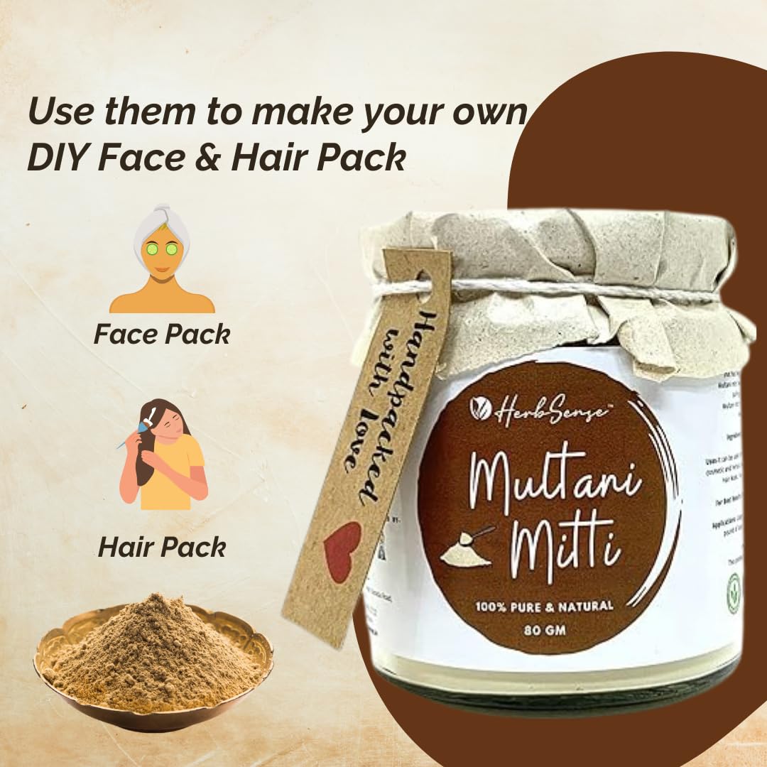 Herbsense Natural Multani Mitti Powder for Oil Control, Skin Cleansing & Nourishing | Anti-Acne & Pimple Care Face Mask | Glass Jar 80g - Perfect for DIY Skincare & Spa Treatments at Home