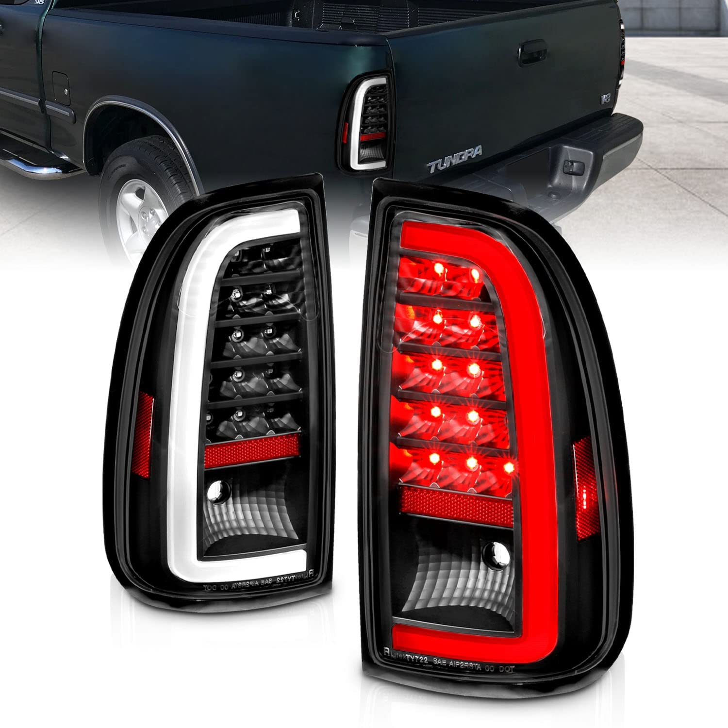 AmeriLite LED Brake Tail Lights for 2000-2006 Toyota Tundra Standard Access Cab - C-Type Black Replacement Light Pair (Driver & Passenger Side) | Durable, Bright & Weatherproof for Night Driving & Enhanced Safety
