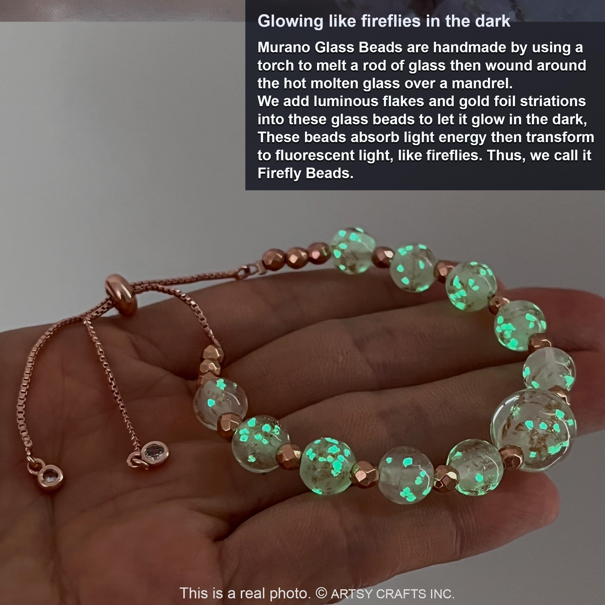 Glow in The Dark Firefly Beads Bracelet & Necklace Set - Murano Glass Beads Jewelry with Crystal Birthstones, Adjustable Slider Chain for Women & Teens - Perfect for Night Parties, Raves, and Festivals