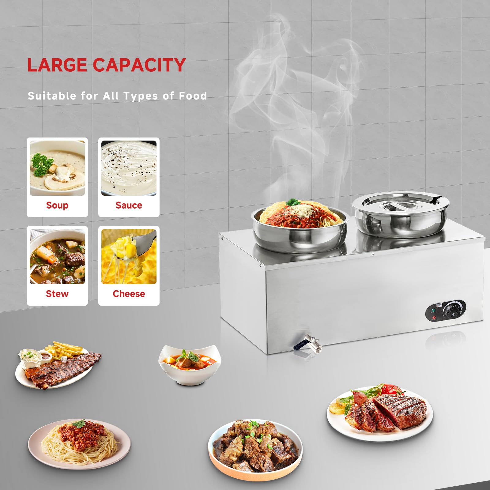 GARVEE 2X7.4QT Commercial Electric Soup Warmer - 1200W Stainless Steel Bain Marie Food Warmer with 2 Round Pots (86-185°F) for Restaurants, Catering, Buffets & Home Kitchen Use