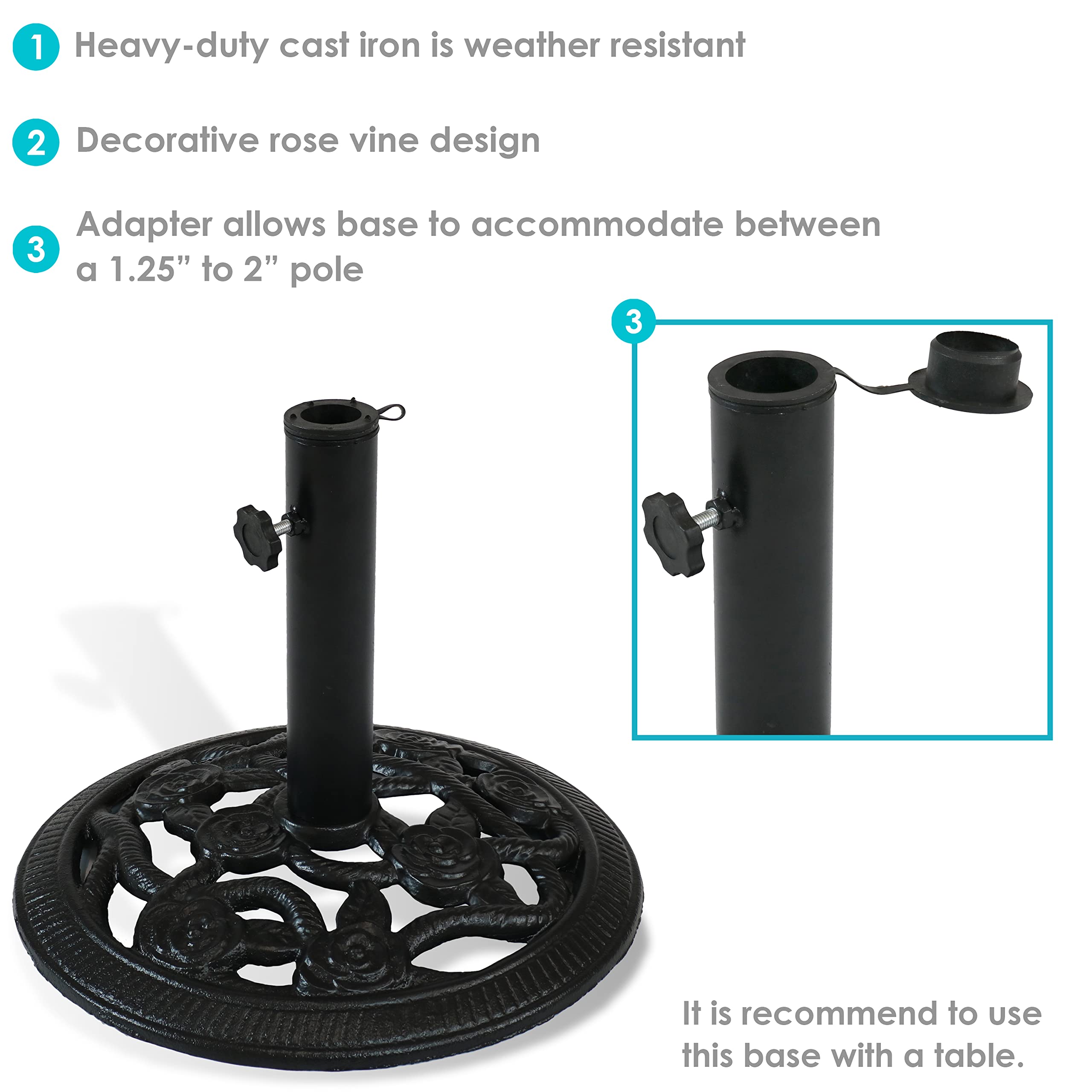 Heavy Duty Cast Iron Patio Umbrella Base Stand with Decorative Rose Blossom Design - 16-Inch Diameter Black Outdoor Umbrella Weight - Perfect for Garden, Poolside & Backyard Relaxation