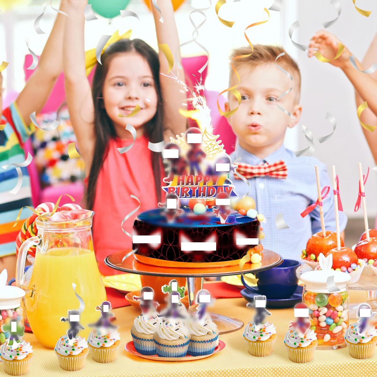 Edible Cake Toppers for Boys - Pack of 17, 20cm Edible Cake Decorations with Ribbon, Spider Web & Cake Topper - Edible Paper Decor for Birthday Cakes - Perfect for Kids Birthday Parties, Baby Showers & Special Celebrations
