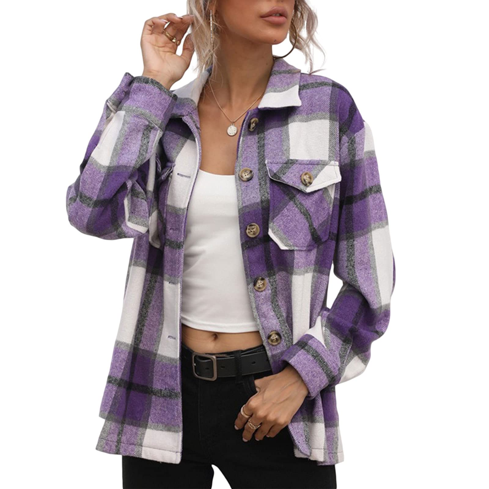 Women's Wool Plaid Jacket - Long Sleeve Button Down Winter Coat for Women | Warm Winter Outwear for Work, Travel & Outdoor Activities