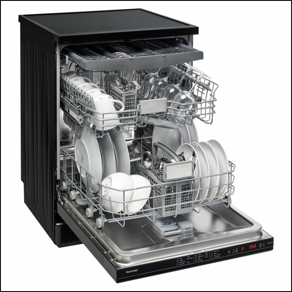 Euromaid EDWB16G 60cm Built-In Dishwasher - Black Glass Front, Energy Efficient, Ultra Quiet (45dB) - Perfect for Modern Kitchens, Small Apartments & Open-Plan Living Spaces