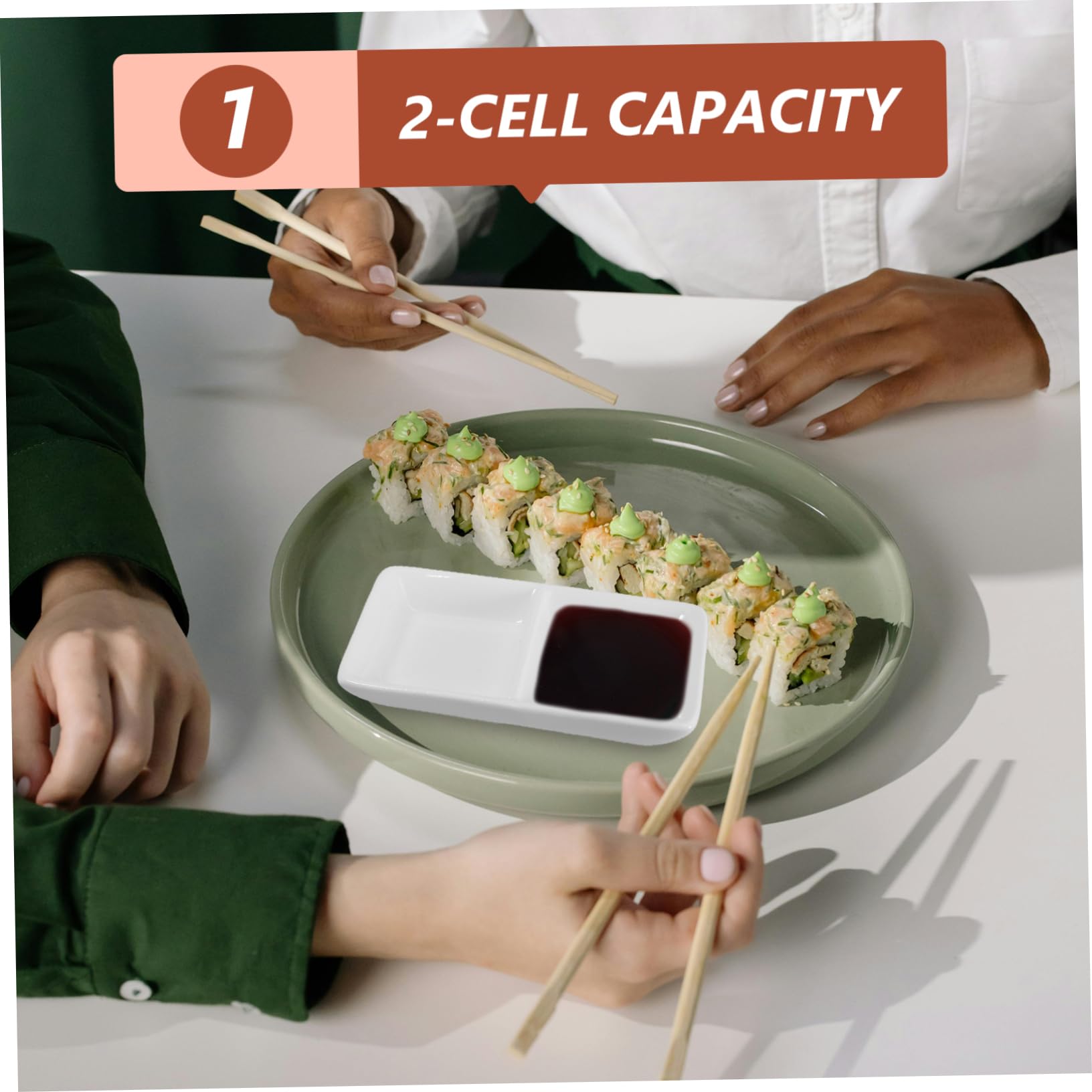 Cabilock 2-Compartment Porcelain Dipping Sauce Bowls - Mini Divided Condiment Dishes for Sushi, Dumplings & Appetizers - White Ceramic Tasting Saucers for Parties & Dining