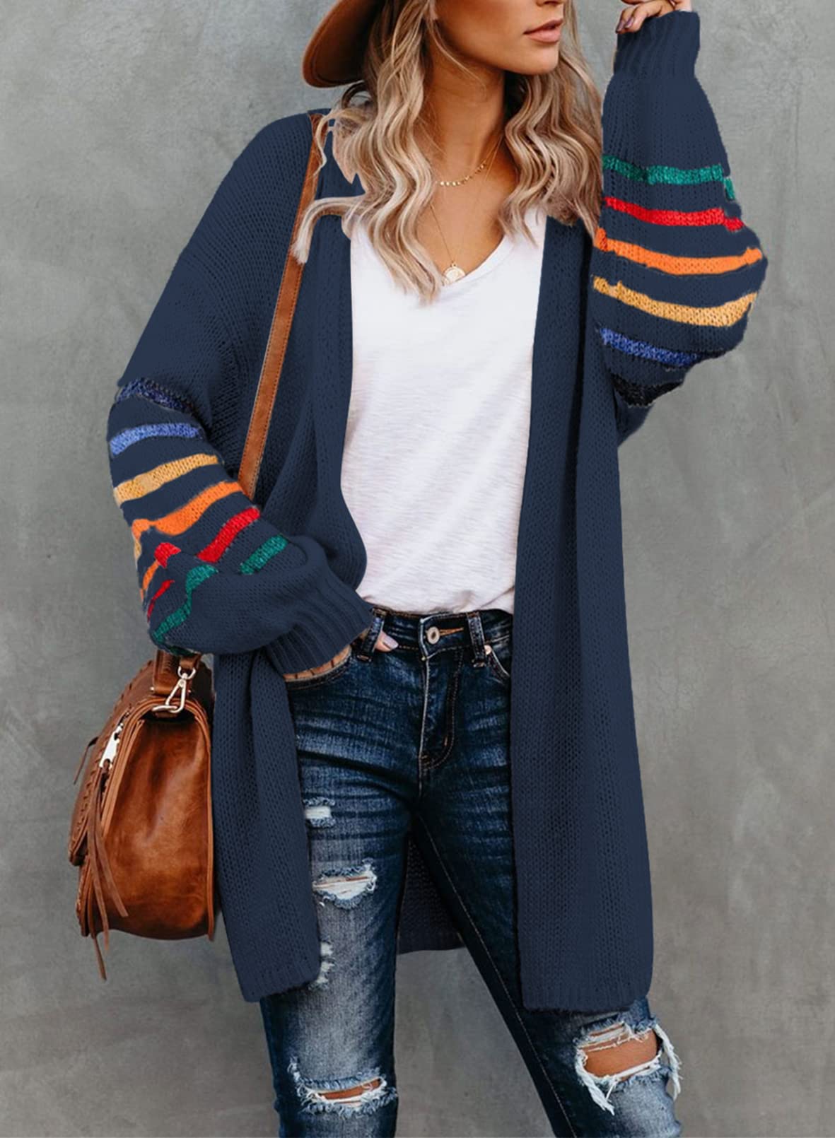 Dokotoo Women's Long Open Front Cardigan - Striped Color Block Loose Knit Sweater Coat for Casual Wear & Office Outfits