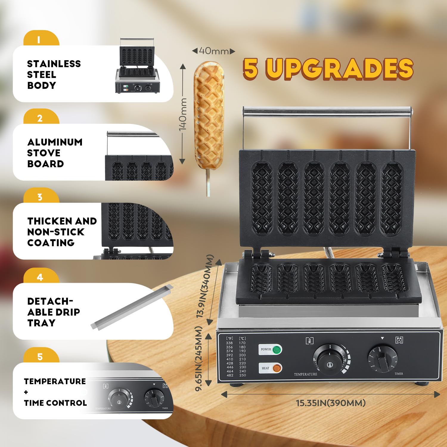 CGOLDENWALL Commercial & Home Corn Dog Waffle Maker Machine - 1550W Electric Waffle Stick Maker with 6 Non-Stick French Muffin Irons, Stainless Steel, 50-300℃ Temperature Control (110V) - Perfect for Parties, Breakfast, Snacks & Food Trucks
