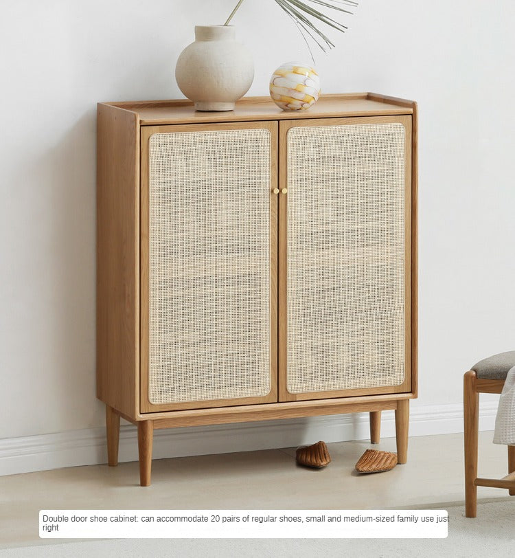 Solid Oak Wood Shoe Storage Cabinet with Rattan Doors - Organize Shoes Neatly in Entryway, Bedroom or Closet