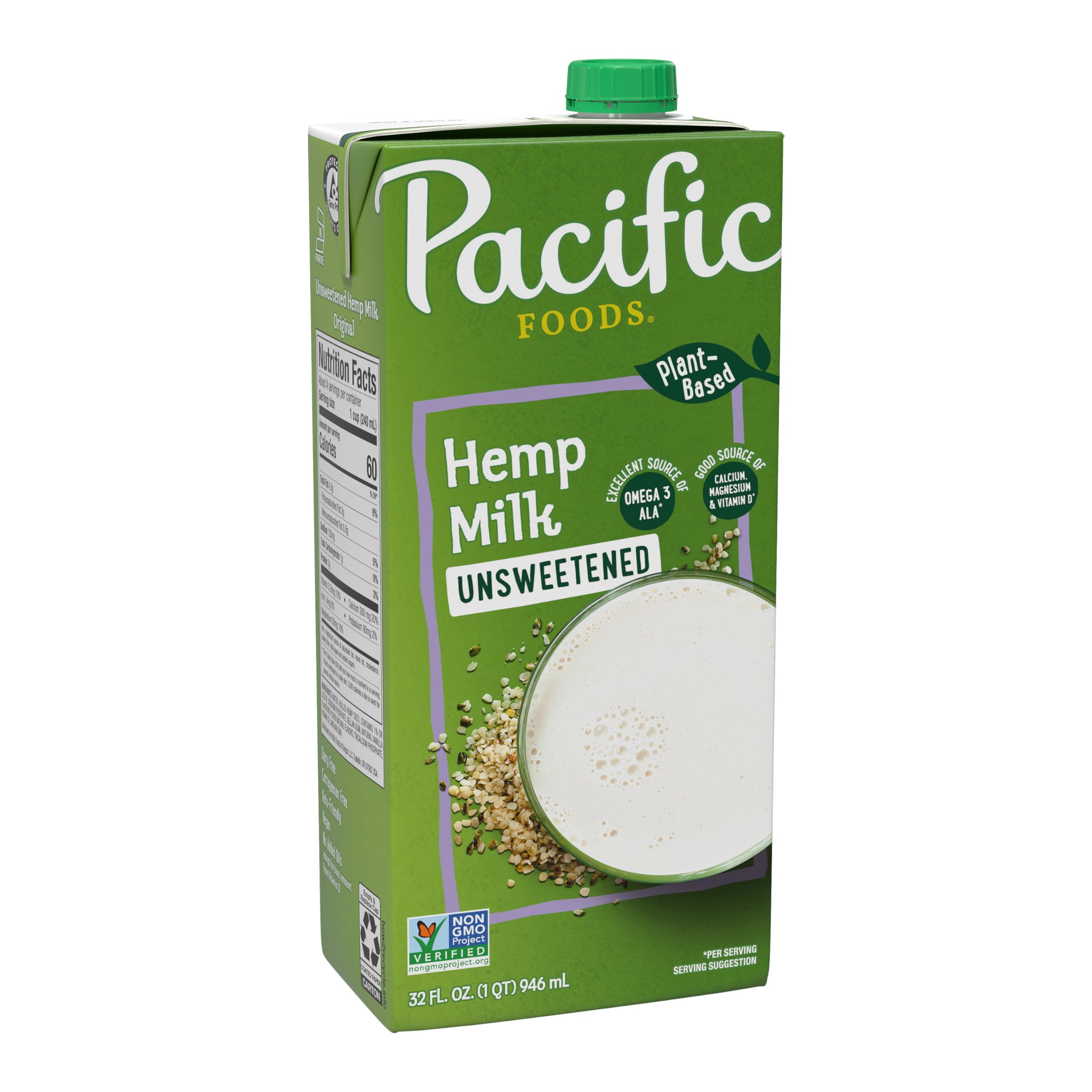 Pacific Foods Unsweetened Hemp Milk - Dairy-Free Plant Based Milk Alternative, 32 oz Carton - Perfect for Smoothies, Coffee & Vegan Baking