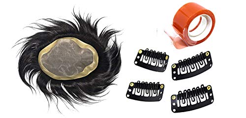 Kabello Premium Monofilament Human Hair Toupee for Men & Boys - 10x7 Inch Hair System with Free Hair Dryer, Red Tape, 4 Hair Brushes & Wig Clips - Natural Looking Hair Replacement for Thinning Hair & Baldness - Perfect for Daily Wear, Work, Social Events & Special Occasions