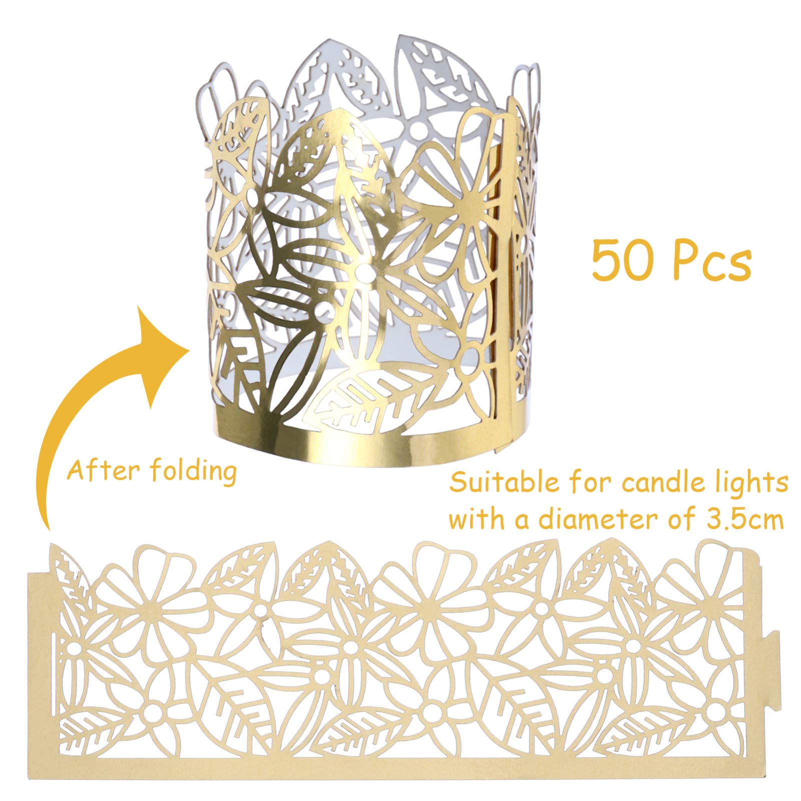 50Pcs Golden LED Tealight Candle Shades - Hollow Cylindrical Paper Votive Wrappers for Wedding Centerpieces, Party & Home Decor - Elegant Candle Holders for Romantic Ambiance