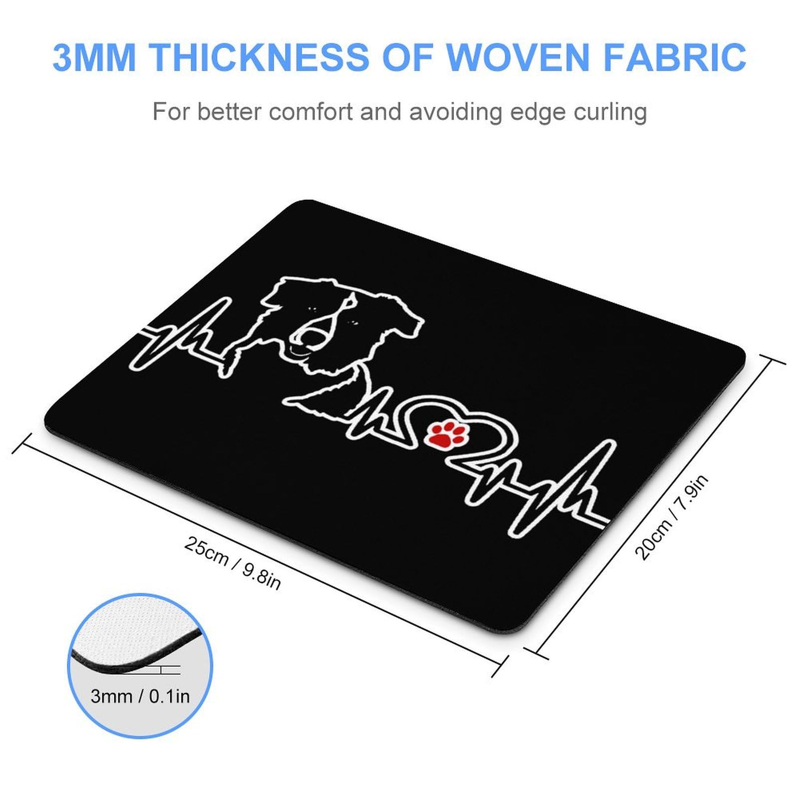 Premium Border Collie Heartbeat Design Non-Slip Waterproof Mouse Pad - 20x25cm Gaming & Office Mouse Mat for PC/Laptop - Durable Fabric Surface for Home, Work & Esports