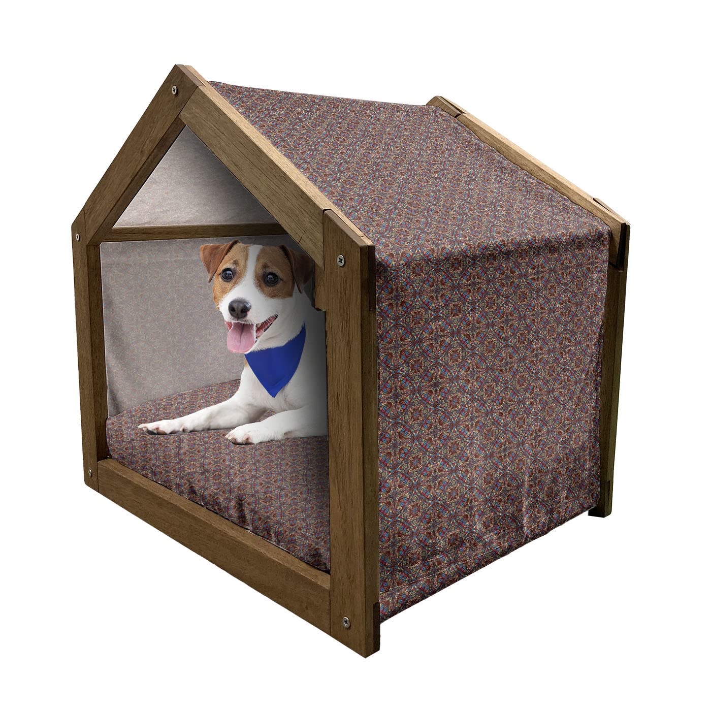 Ambesonne Vintage Wooden Dog House with Stained Glass Floral Print - Portable Indoor/Outdoor Pet Kennel with Pillow & Cover for Medium Dogs - Perfect for Backyard, Patio, and Home Decor Use