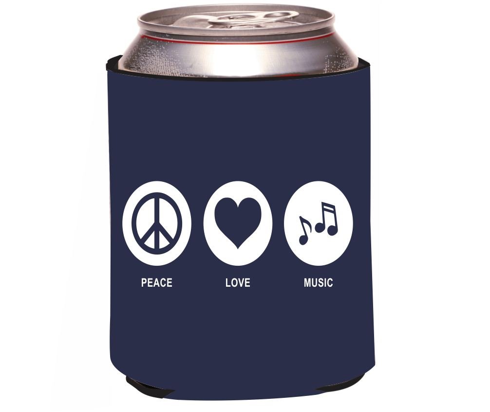 RKws-42385 Insulated Beer Can Cooler & Soda Drink Holder - Peace Love Music Blue Color Design - Perfect for Parties, BBQs, Beach & Outdoor Activities
