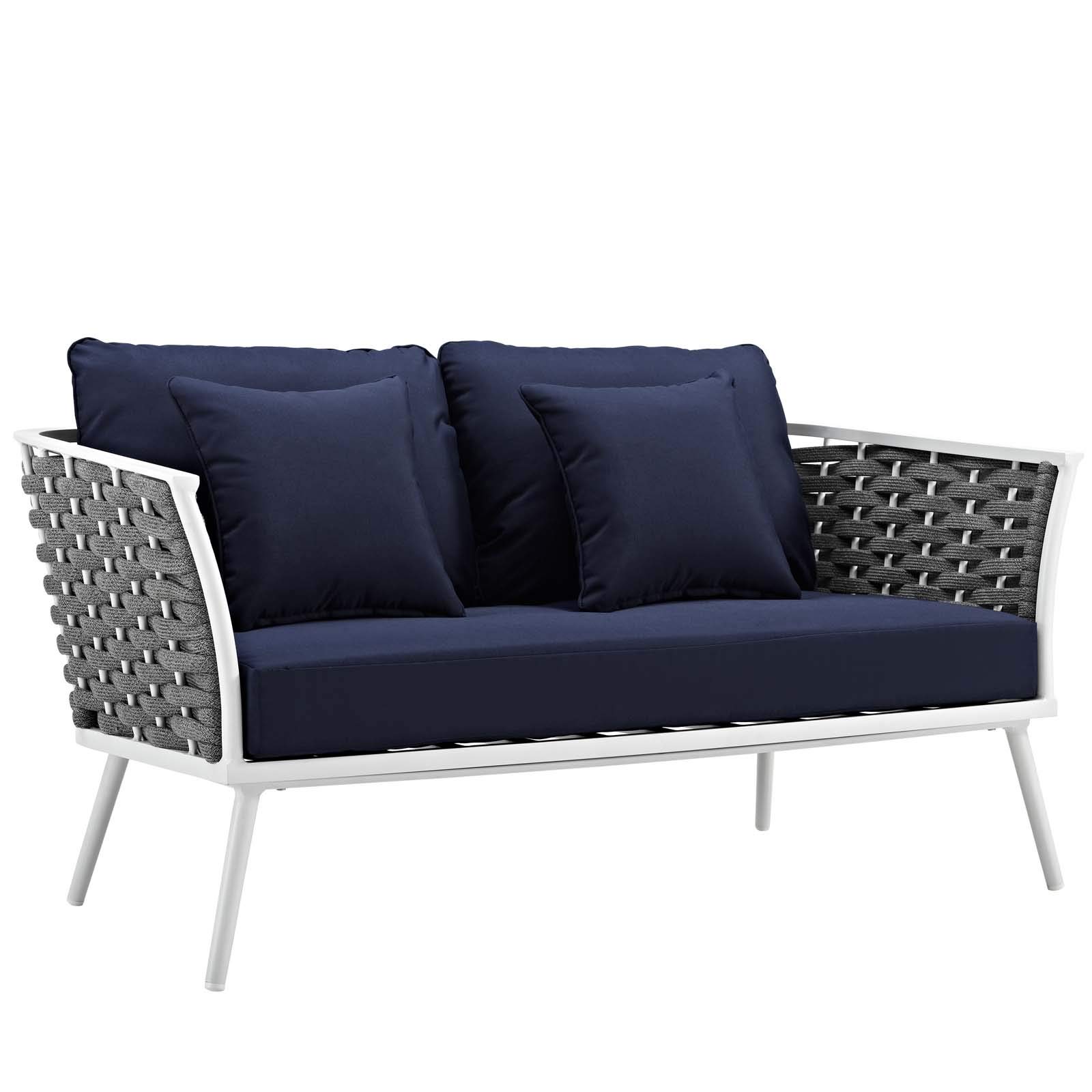 Modern Contemporary Outdoor Patio Lounge Chair Set with Sofa & Table - Aluminum Frame & White Navy Fabric - Perfect for Backyard, Poolside & Garden Relaxation
